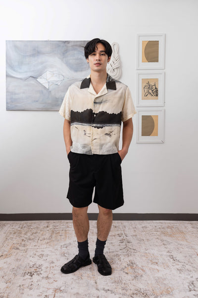 Full front view of menswear bowling shirt in vintage  printed silk with hand embroidered accents by nowhere studio