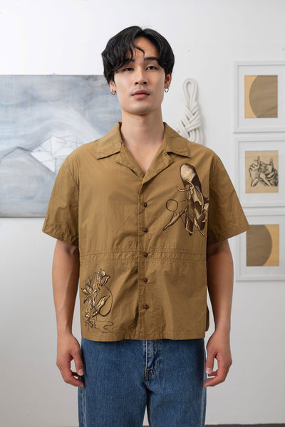Front close up view of bowling men's shirt with hand painted graphics and chorizo button closure by nowhere studio