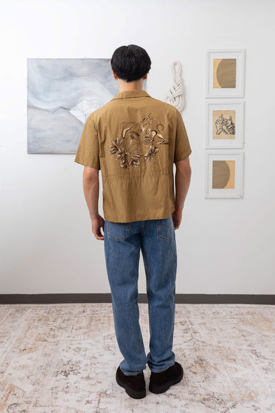 Full back  view of bowling men's shirt with hand painted artwork in Italian cotton by nowhere studio
