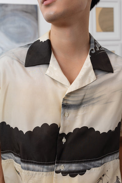 Detail view of Artisanal shirt in vintage printed silk with bowling shirt collar and faux shell buttons by nowhere studio