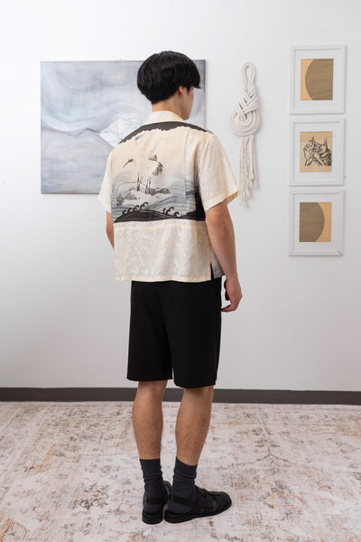 Full back view of Artisanal shirt in vintage printed silk and satin jacquard fabric with side slits by nowhere studio