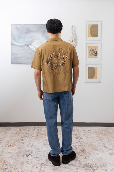 Full back  view of bowling men's shirt with hand painted artwork in Italian cotton by nowhere studio