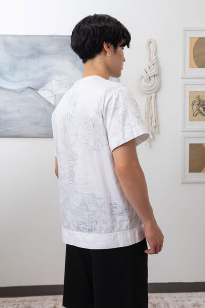 Close-up back of white printed menswear shirt showing reinforced seams and trompe l'oeil print by nowhere studio