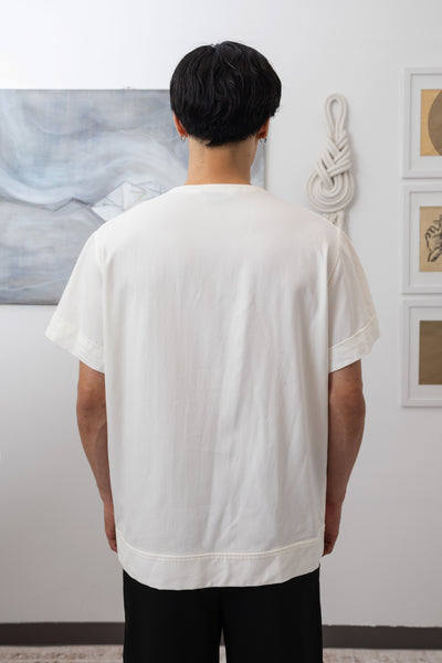 Close-up back of white embroidered  shirt showing reinforced seams and hem band by nowhere studio