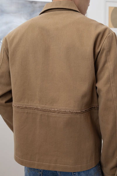 Earth workwear jacket back detail, inserted selvedge fringe at centre panel by nowhere studio