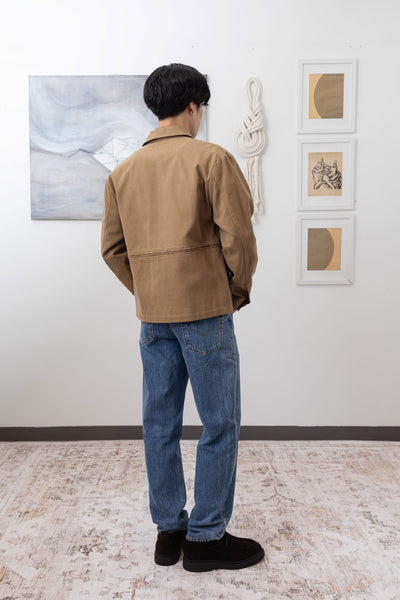 Earth workwear jacket full back right view, reinforced seams and structured silhouette by nowhere studio