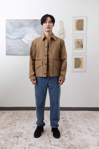 Earth workwear jacket full front view, brushed bull denim with Corozo buttons by nowhere studio