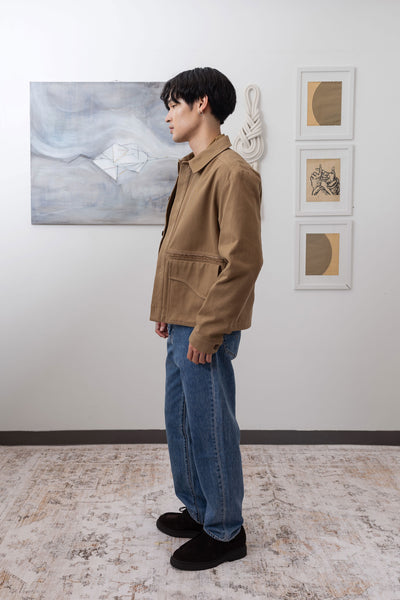 Earth workwear jacket full left side view, boxy fit and selvedge fringe panel by nowhere studio