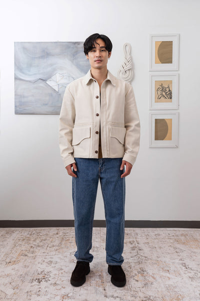 Ivory workwear jacket full front view, brushed bull denim with Corozo buttons by nowhere studio