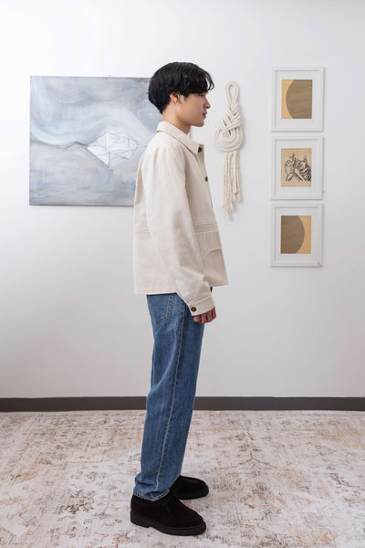 Ivory workwear jacket full right side view, boxy fit and selvedge fringe panel  by nowhere studio