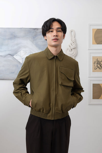 Army Harrington jacket close-up front, metal zip and deadstock Italian nylon by nowhere studio