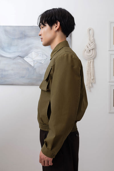 Army Harrington jacket close-up left side, Italian mill nylon and elasticized waistband by nowhere studio