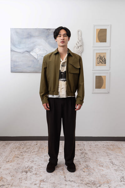 Army Harrington jacket full front view, metal zip and sculptural cargo pocket by nowhere studio