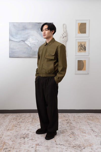 Army Harrington jacket full profile view, deadstock nylon with subtle drape by nowhere studio