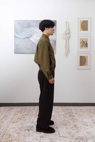 Army Harrington jacket full side view, elasticized hem and side welt pockets by nowhere studio