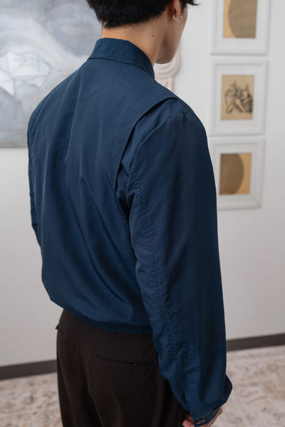 Navy Harrington jacket back detail, vent construction on 100% nylon taslan fabric by nowhere studio