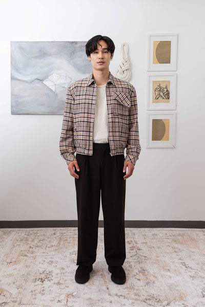 Yarn dye plaid Harrington jacket full front view, metal zip and relaxed fit by nowhere studio