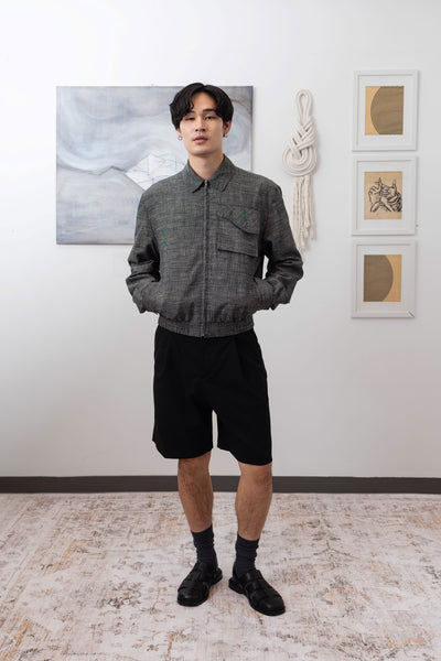 Yarn dye navy Harrington jacket full front view, metal zipper and utility pockets by nowhere studio