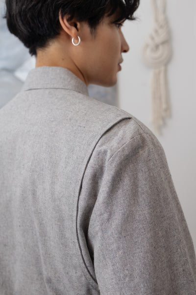 Granite Harrington jacket close-up back left, workwear construction detail by nowhere studio