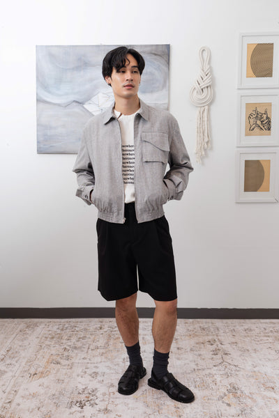 Full profile view of Granite Harrington jacket in hemp organic cotton canvas by nowhere studio