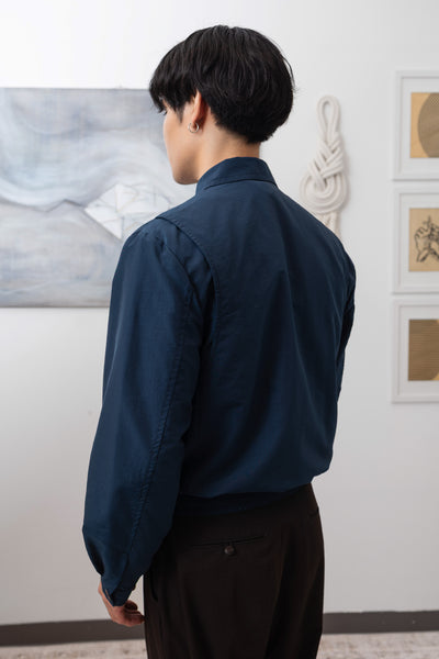 Navy Harrington jacket close-up back, water-resistant nylon and workwear seam detail by nowhere studio