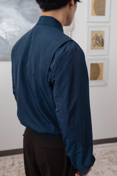 Navy Harrington jacket back detail, vent construction on 100% nylon taslan fabric by nowhere studio
