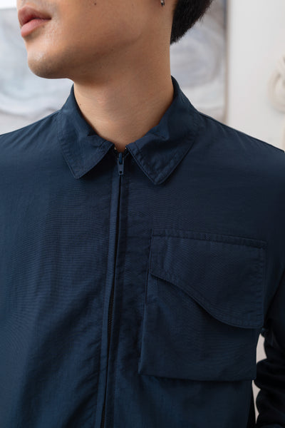 Navy Harrington jacket front detail, classic collar and cargo pocket  by nowhere studio
