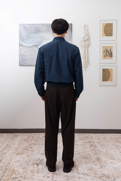 Navy Harrington jacket full back view, back vent construction for ease of movement by nowhere studio