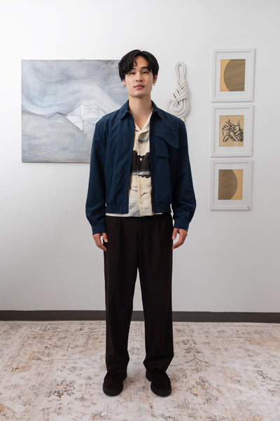 Navy Harrington jacket full front open view, side welt pockets and relaxed fit by nowhere studio