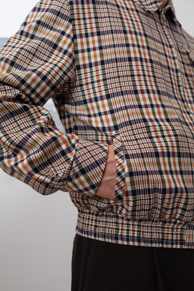 Yarn dye plaid Harrington jacket side detail, buttoned cuff and yarn-dyed twill texture by nowhere studio