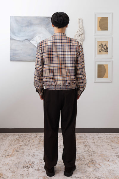 Yarn dye plaid Harrington jacket full back view, back vent construction for ease of movement by nowhere studio