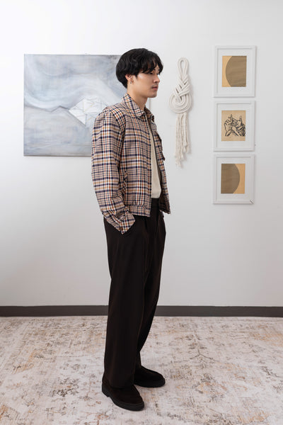 Yarn dye plaid Harrington jacket full side view, European yarn-dyed twill and elasticized hem by nowhere studio