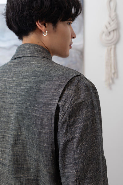 Yarn dye navy Harrington jacket back detail, vent construction on recycled hemp cotton wool fabric by nowhere studio