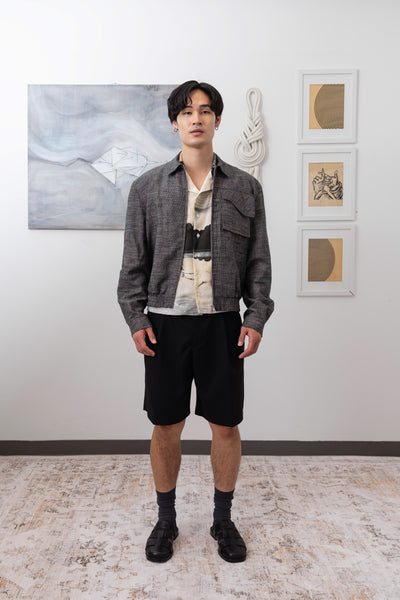 Yarn dye navy Harrington jacket full front open, subtle drape and  relaxed fit by nowhere studio