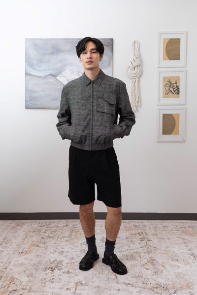 Yarn dye navy Harrington jacket full front view, metal zipper and utility pockets by nowhere studio