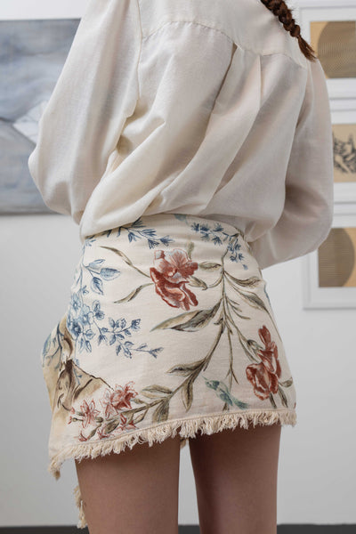 Wrap skirt back view of zero-waste drape construction in one-of-a-kind upcycled vintage textile, nowhere studio
