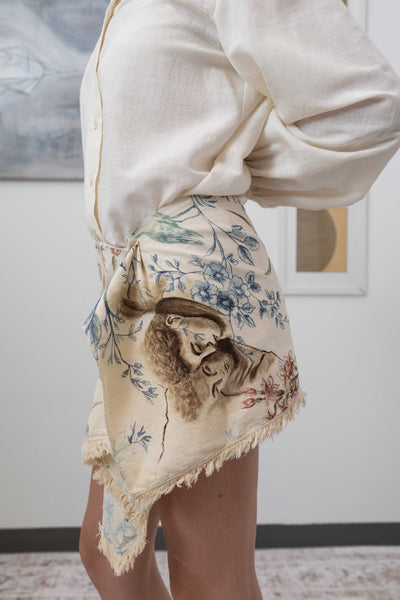 Wrap skirt left side view of mineral pigment overdyed upcycled textile, adjustable wrap silhouette, nowhere studio