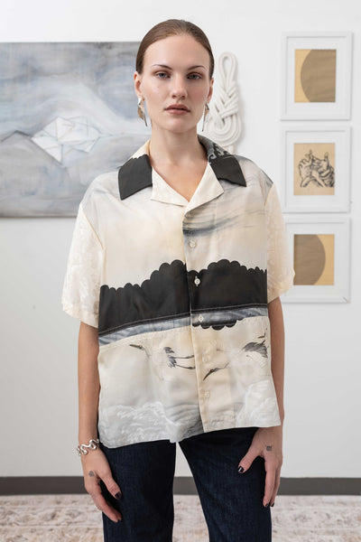 Close-up front view of studio shirt in vintage printed fabric with hand embroidered accents by nowhere studio