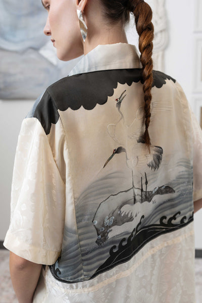 Back detail of studio shirt in vintage printed fabric with hand embroidered accents by nowhere studio