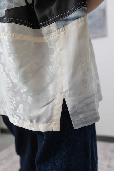 Hem detail of studio shirt in vintage printed fabric, side slit construction at hem by nowhere studio