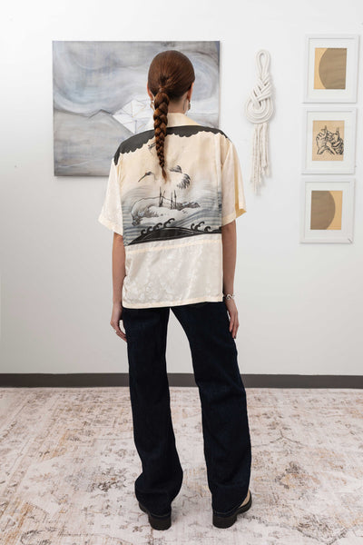 Full back view of studio shirt in vintage printed fabric — deconstructed print composition with side slits, nowhere studio