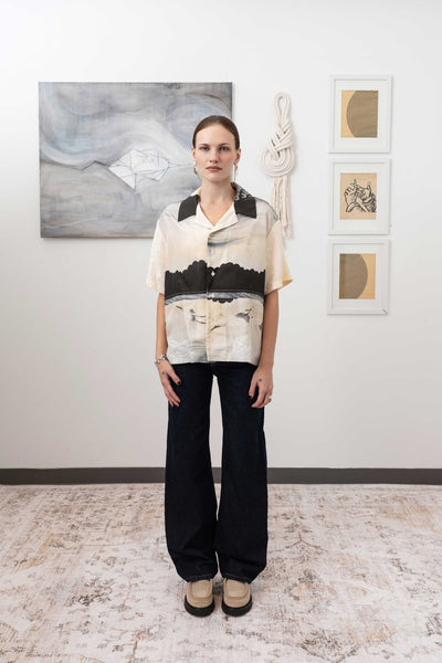 Full front view of studio shirt in vintage printed fabric — relaxed silhouette with curved hem, nowhere studio