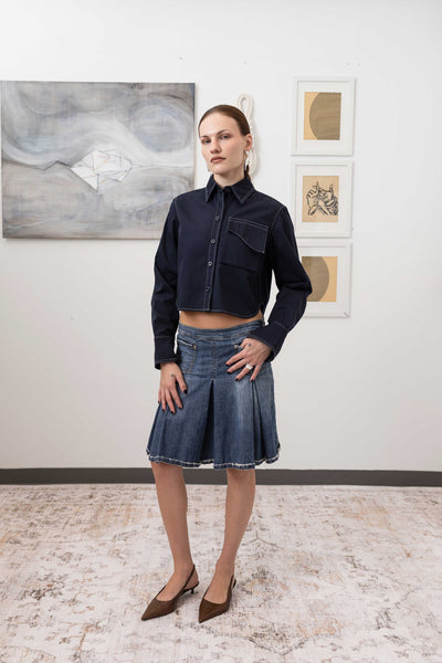 Utilitarian shirt in Admiral, full front view — tailored workwear silhouette in eco twill, nowhere studio