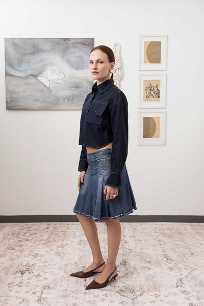 Utilitarian shirt in Admiral, left side view — structured mid-weight eco twill, nowhere studio