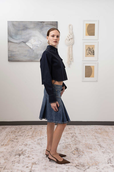 Utilitarian shirt in Admiral, right side view — shrunken proportion with sculptural cargo pocket, nowhere studi