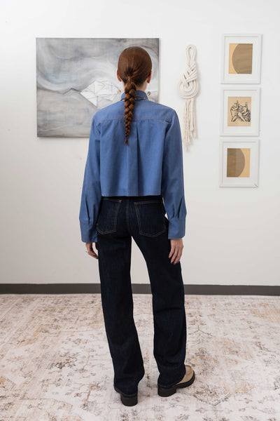 Utilitarian shirt in denim, full back view with structured eco twill with refined utility character, nowhere studio