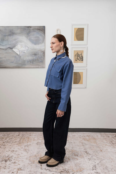 Utilitarian shirt in denim, left side view with tailored mid-weight eco twill, nowhere studio