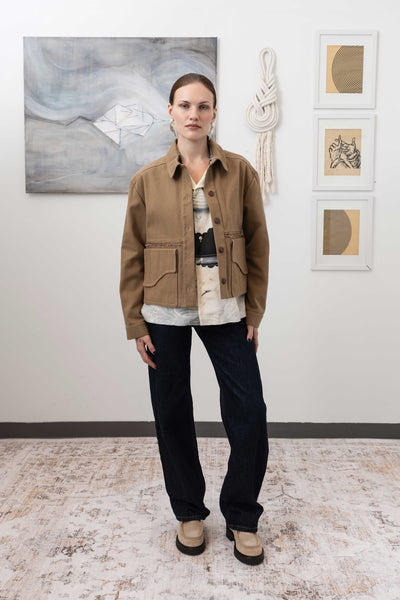 Workwear jacket in earth, full front open alternate view — dual-entry pockets and curved flap in brushed bull denim, nowhere studio