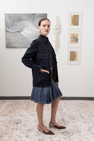 Full right side view of fisherman's vest in Admiral mid-weight twill with utilitarian pocket placement by nowhere studio