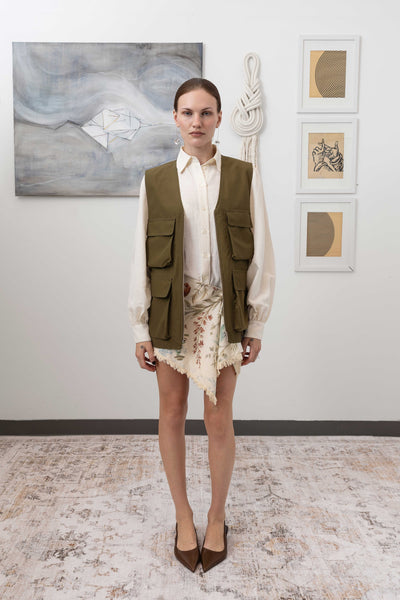 Full front alternate view of fisherman's vest in Army mid-weight twill with 3D cargo pockets and D-rings by nowhere studio